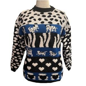 Custom Design Women's Vtg Knit Sweater Cat Dog Bear USA Novelty 80's 90's Medium